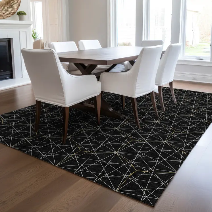 5' X 8' Black And Ivory Geometric Washable Indoor Outdoor Area Rug