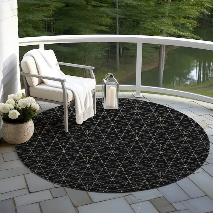 8' Black And Ivory Round Geometric Washable Indoor Outdoor Area Rug