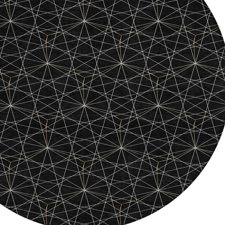 8' Black And Ivory Round Geometric Washable Indoor Outdoor Area Rug