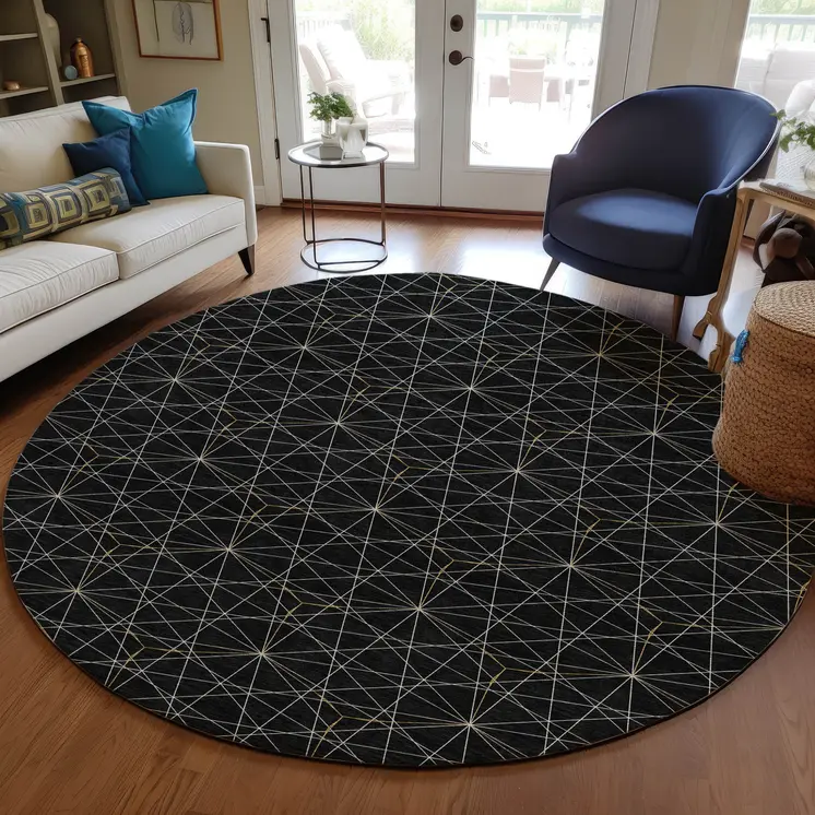 8' Black And Ivory Round Geometric Washable Indoor Outdoor Area Rug