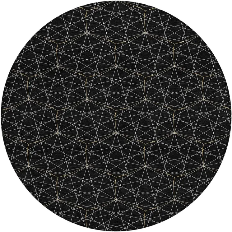 8' Black And Ivory Round Geometric Washable Indoor Outdoor Area Rug