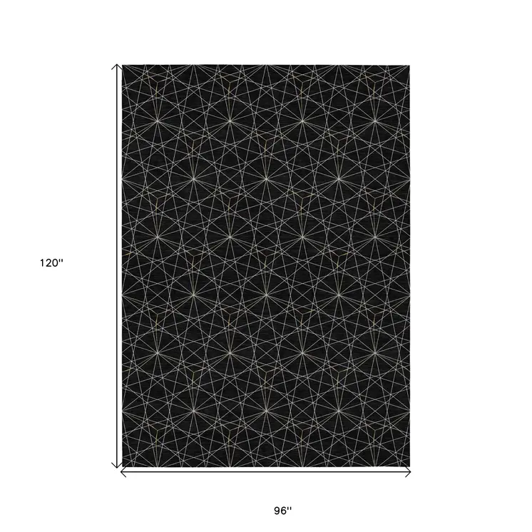 8' X 10' Black And Ivory Geometric Washable Indoor Outdoor Area Rug