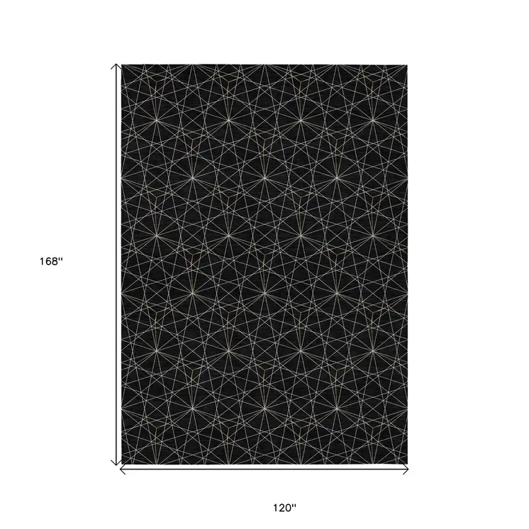 10' X 14' Black And Ivory Geometric Washable Indoor Outdoor Area Rug