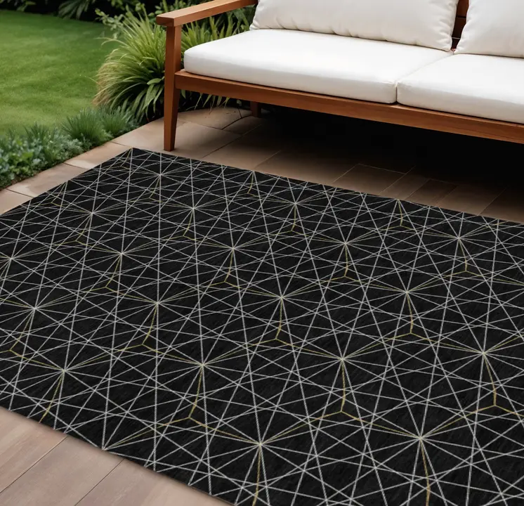 10' X 14' Black And Ivory Geometric Washable Indoor Outdoor Area Rug