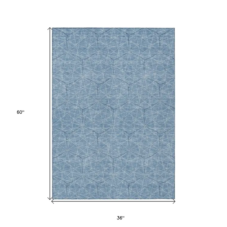 3' X 5' Denim Blue Black And Ivory Geometric Washable Indoor Outdoor Area Rug