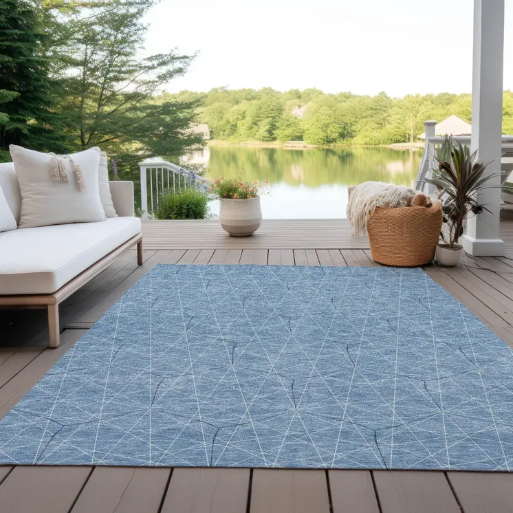 3' X 5' Denim Blue Black And Ivory Geometric Washable Indoor Outdoor Area Rug