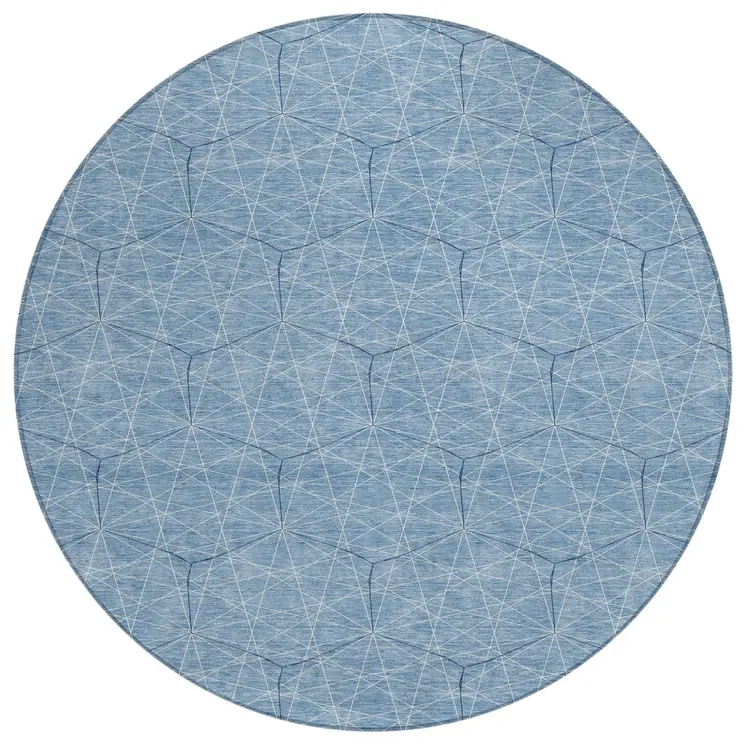 8' Denim Blue Black And Ivory Round Geometric Washable Indoor Outdoor Area Rug