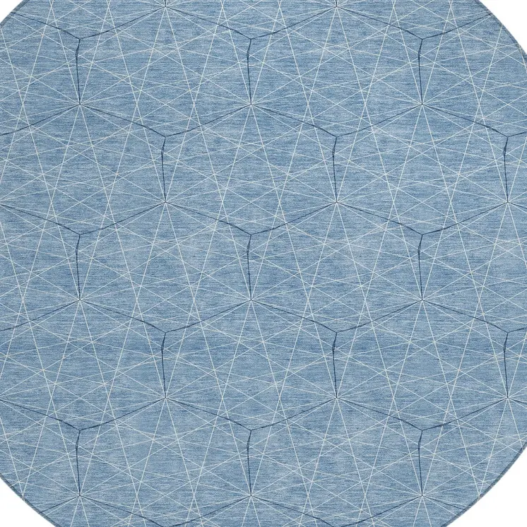 8' Denim Blue Black And Ivory Round Geometric Washable Indoor Outdoor Area Rug
