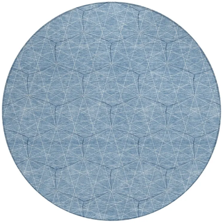 8' Denim Blue Black And Ivory Round Geometric Washable Indoor Outdoor Area Rug