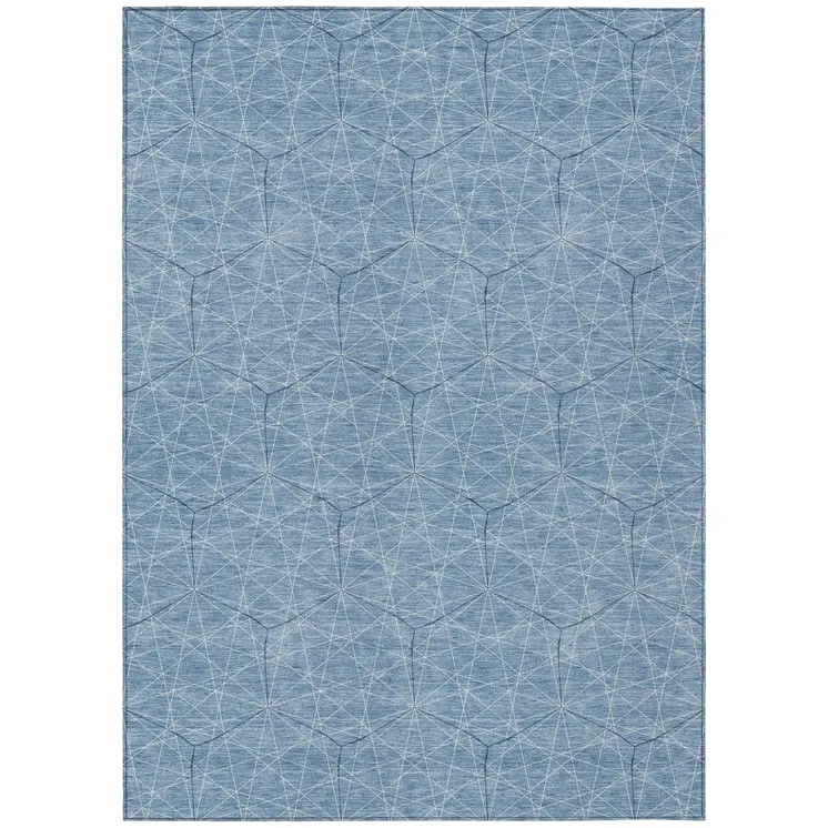 8' X 10' Denim Blue Black And Ivory Geometric Washable Indoor Outdoor Area Rug