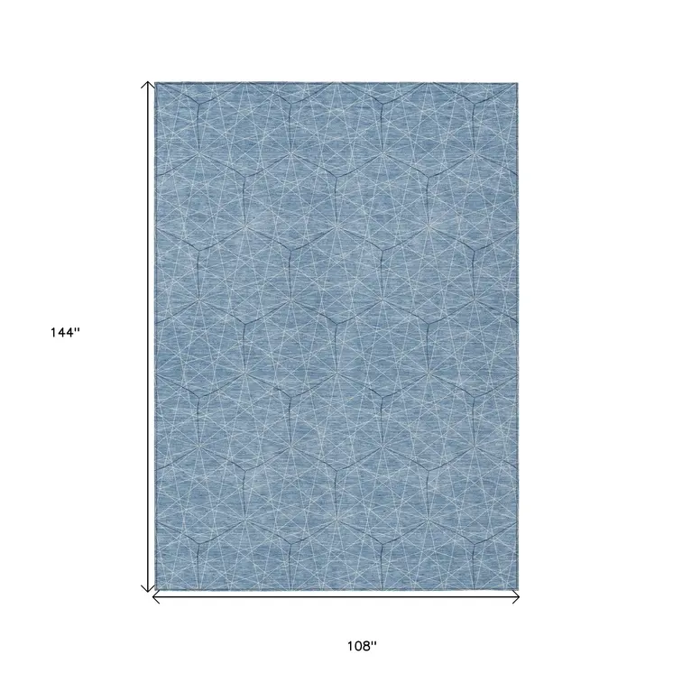 9' X 12' Denim Blue Black And Ivory Geometric Washable Indoor Outdoor Area Rug