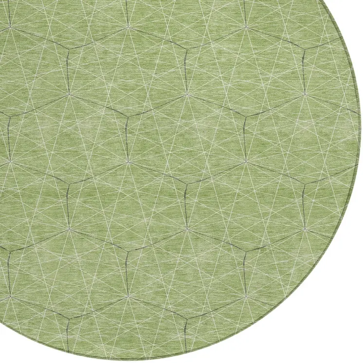 8' Green Black And Ivory Round Geometric Washable Indoor Outdoor Area Rug