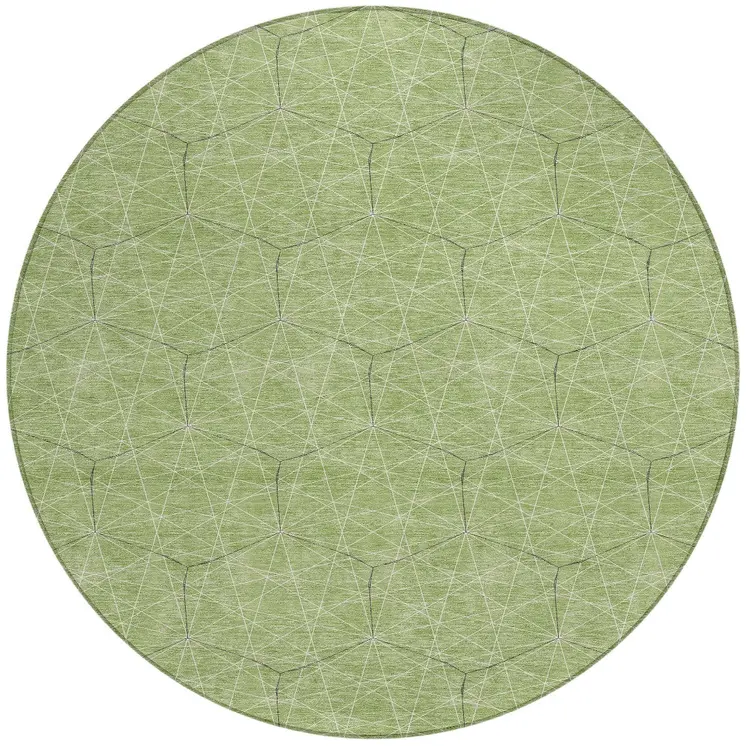 8' Green Black And Ivory Round Geometric Washable Indoor Outdoor Area Rug
