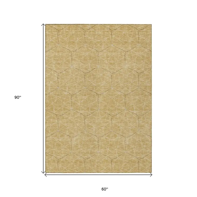 5' X 8' Gold Black And Beige Geometric Washable Indoor Outdoor Area Rug