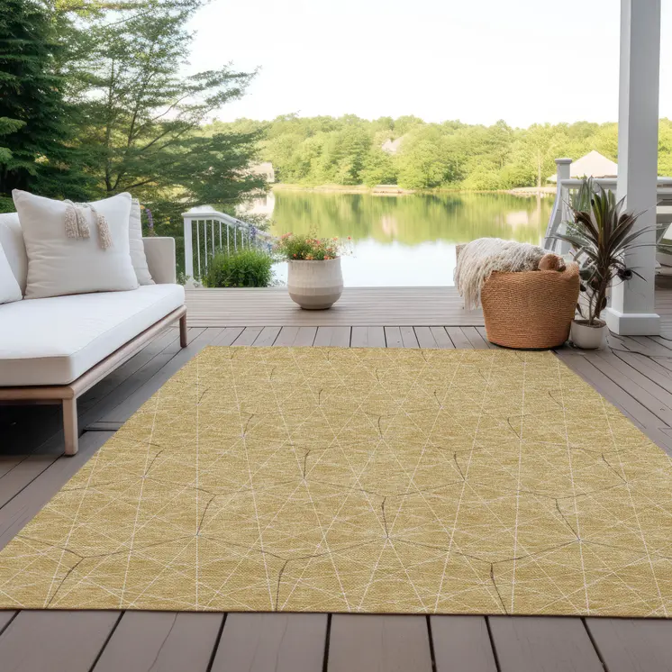 5' X 8' Gold Black And Beige Geometric Washable Indoor Outdoor Area Rug