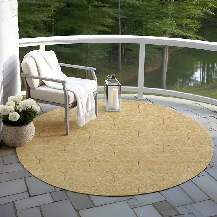 8' Gold Black And Beige Round Geometric Washable Indoor Outdoor Area Rug