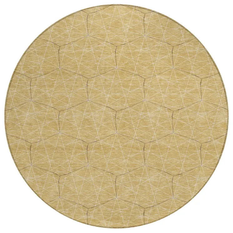 8' Gold Black And Beige Round Geometric Washable Indoor Outdoor Area Rug