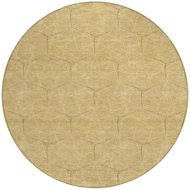 8' Gold Black And Beige Round Geometric Washable Indoor Outdoor Area Rug