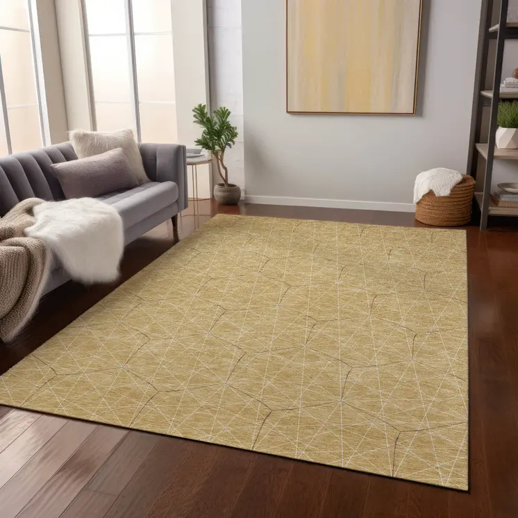 9' X 12' Gold Black And Beige Geometric Washable Indoor Outdoor Area Rug