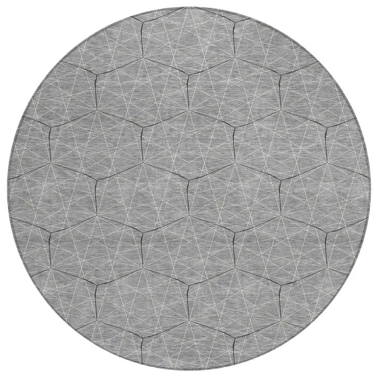8' Gray Black And Ivory Round Geometric Washable Indoor Outdoor Area Rug