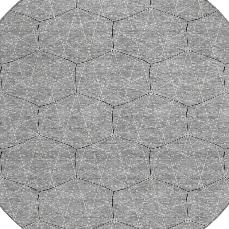 8' Gray Black And Ivory Round Geometric Washable Indoor Outdoor Area Rug