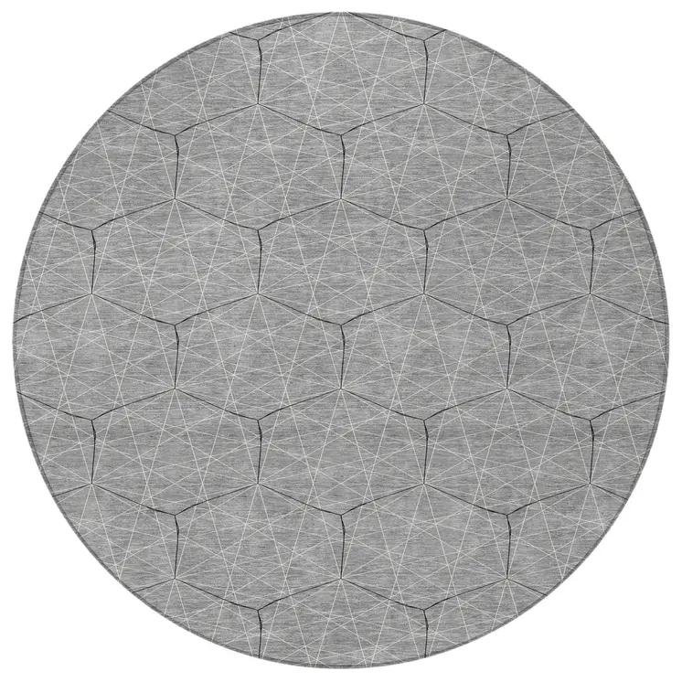 8' Gray Black And Ivory Round Geometric Washable Indoor Outdoor Area Rug