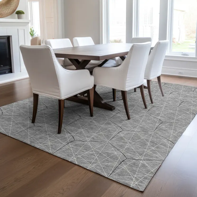 8' X 10' Gray Black And Ivory Geometric Washable Indoor Outdoor Area Rug