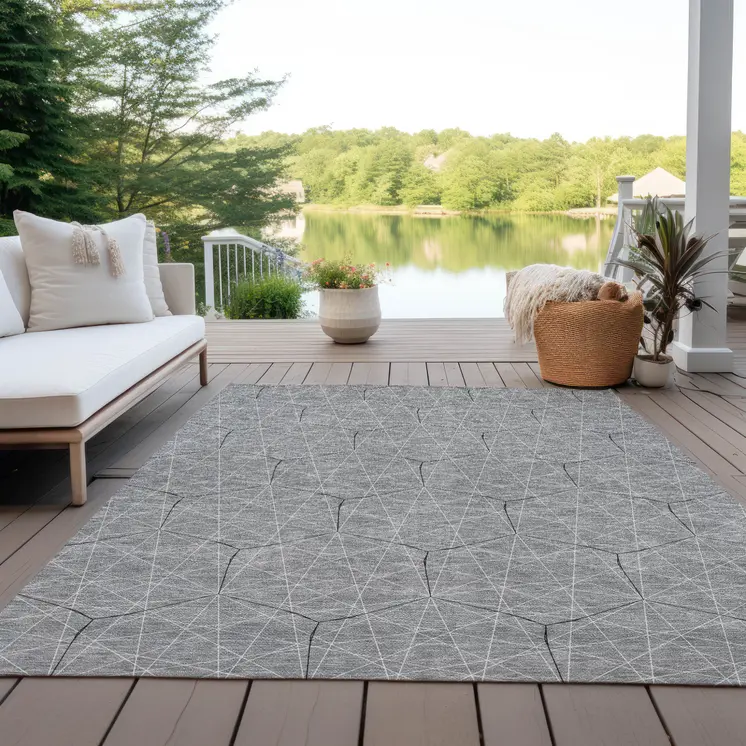 8' X 10' Gray Black And Ivory Geometric Washable Indoor Outdoor Area Rug