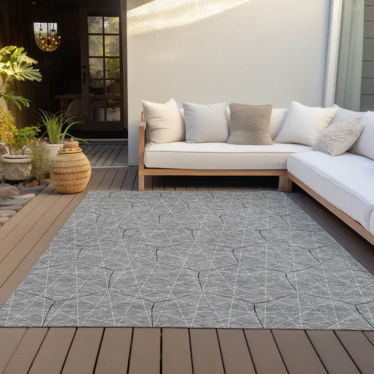 10' X 14' Gray Black And Ivory Geometric Washable Indoor Outdoor Area Rug