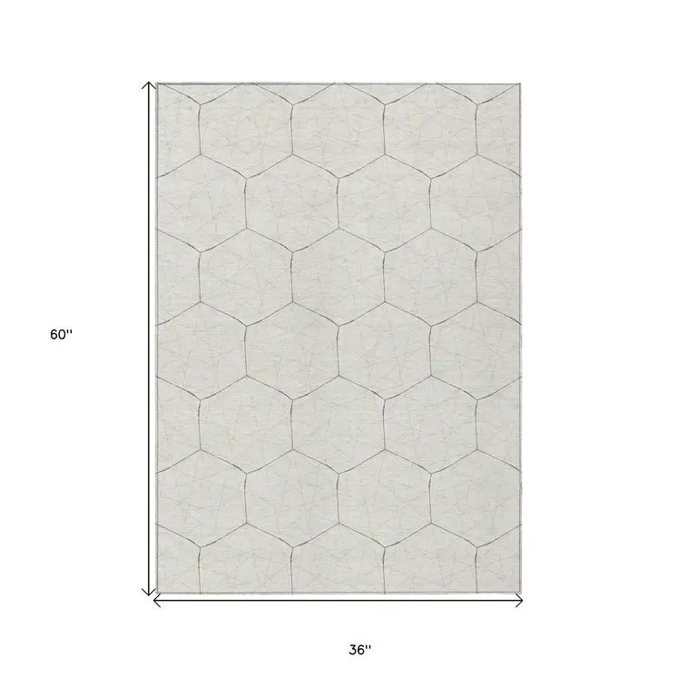 3' X 5' Ivory Beige And Black Geometric Washable Indoor Outdoor Area Rug