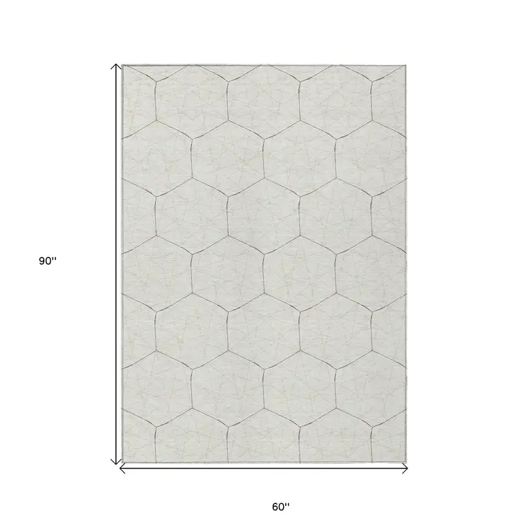 5' X 8' Ivory Beige And Black Geometric Washable Indoor Outdoor Area Rug