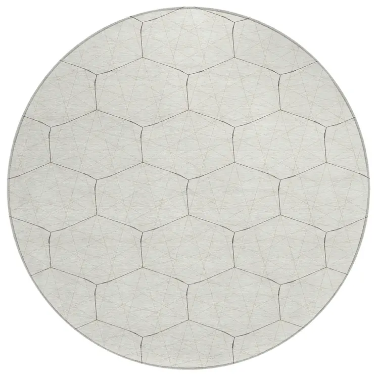 8' Ivory Beige And Black Round Geometric Washable Indoor Outdoor Area Rug