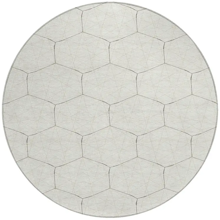 8' Ivory Beige And Black Round Geometric Washable Indoor Outdoor Area Rug