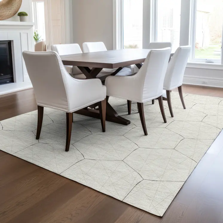8' X 10' Ivory Beige And Black Geometric Washable Indoor Outdoor Area Rug