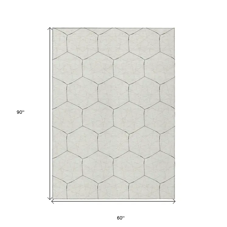 5' X 8' Linen Beige And Black Geometric Washable Indoor Outdoor Area Rug