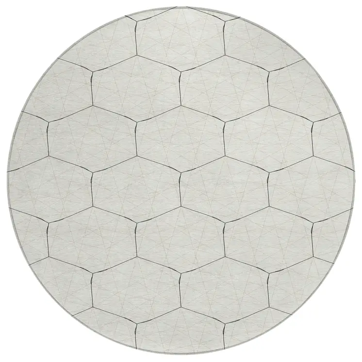 8' Linen Beige And Black Round Geometric Washable Indoor Outdoor Area Rug