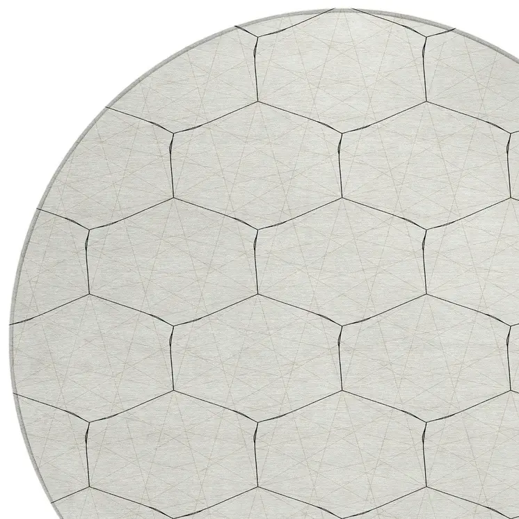 8' Linen Beige And Black Round Geometric Washable Indoor Outdoor Area Rug