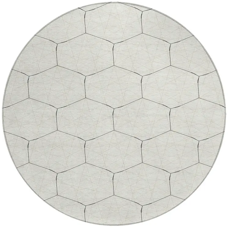 8' Linen Beige And Black Round Geometric Washable Indoor Outdoor Area Rug