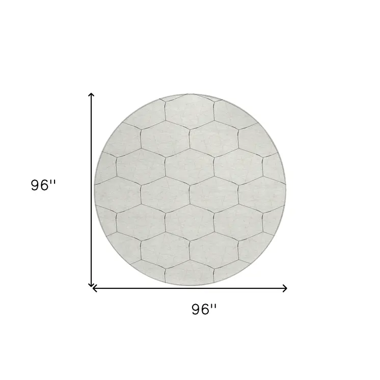 8' Linen Beige And Black Round Geometric Washable Indoor Outdoor Area Rug