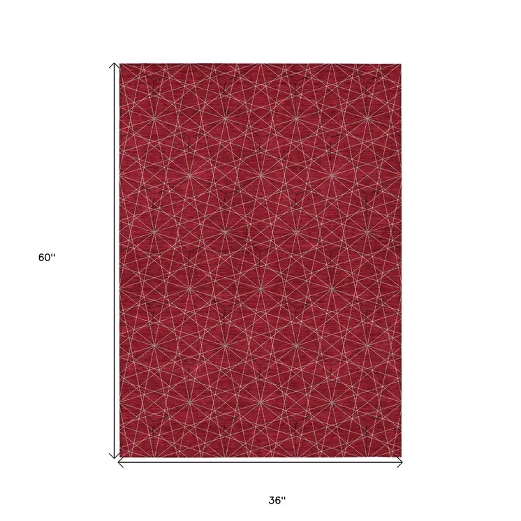 3' X 5' Red Black And Ivory Geometric Washable Indoor Outdoor Area Rug