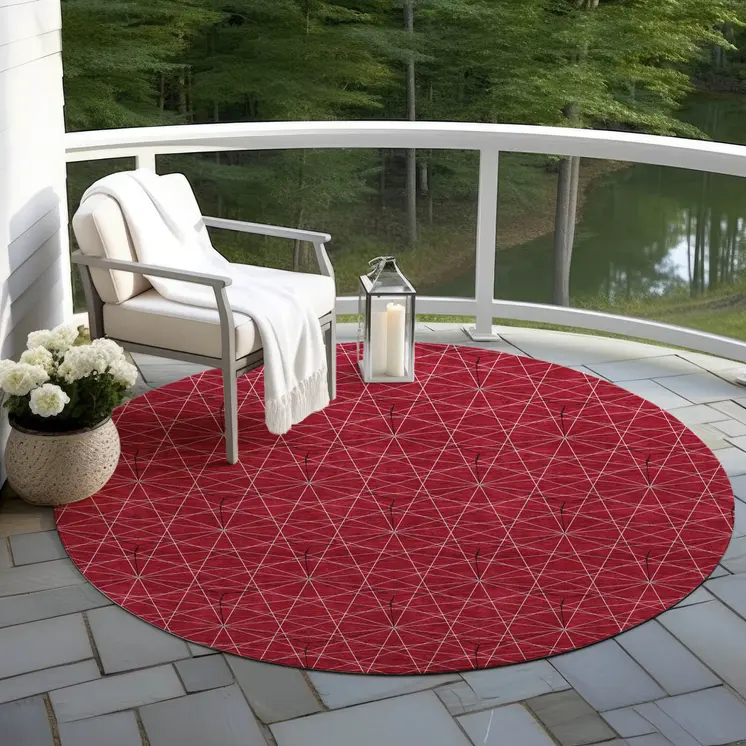 8' Red Black And Ivory Round Geometric Washable Indoor Outdoor Area Rug