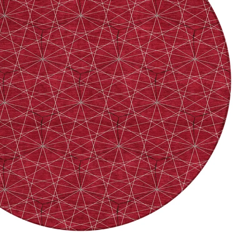 8' Red Black And Ivory Round Geometric Washable Indoor Outdoor Area Rug