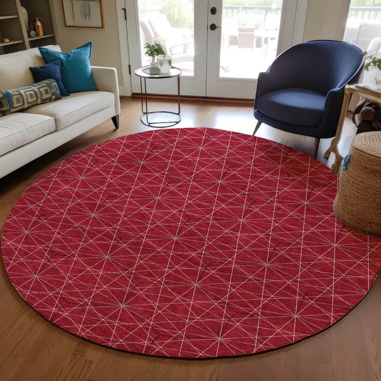 8' Red Black And Ivory Round Geometric Washable Indoor Outdoor Area Rug