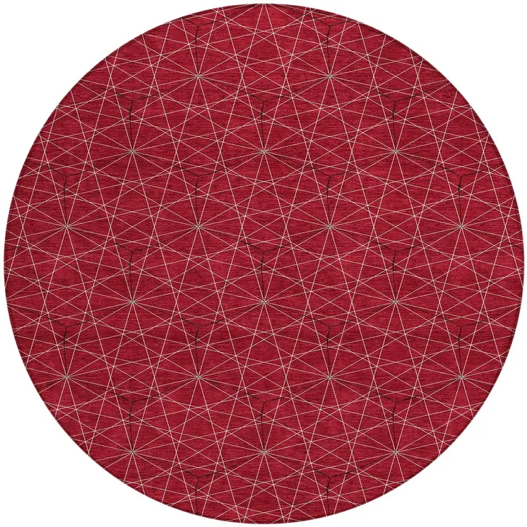 8' Red Black And Ivory Round Geometric Washable Indoor Outdoor Area Rug