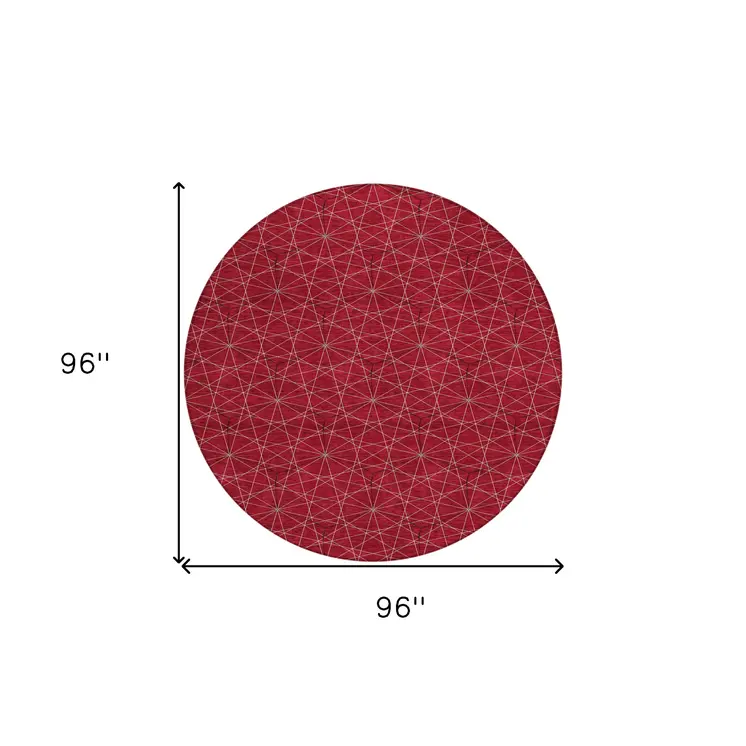 8' Red Black And Ivory Round Geometric Washable Indoor Outdoor Area Rug