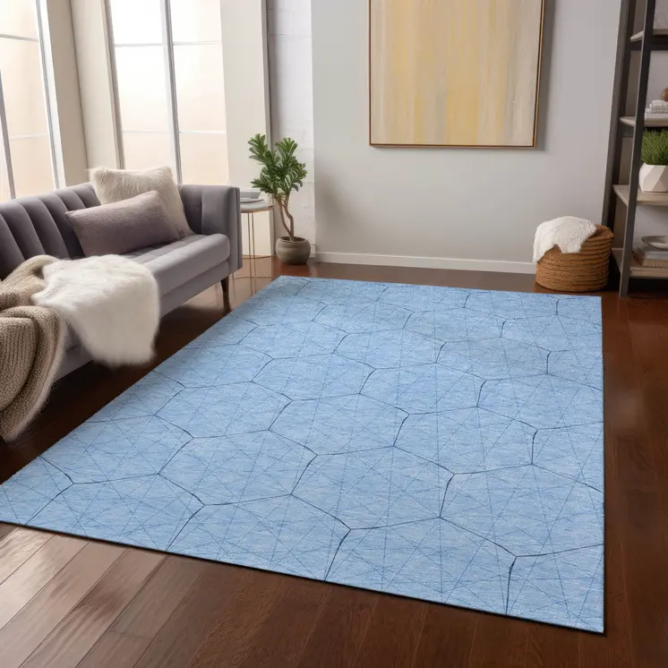 5' X 8' Sky Blue And Black Geometric Washable Indoor Outdoor Area Rug