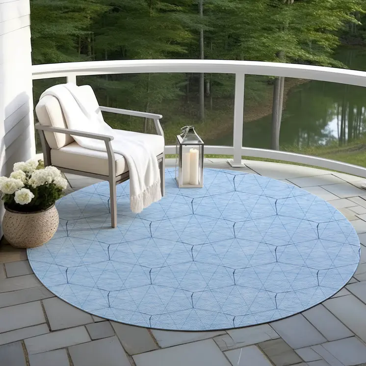8' Sky Blue And Black Round Geometric Washable Indoor Outdoor Area Rug