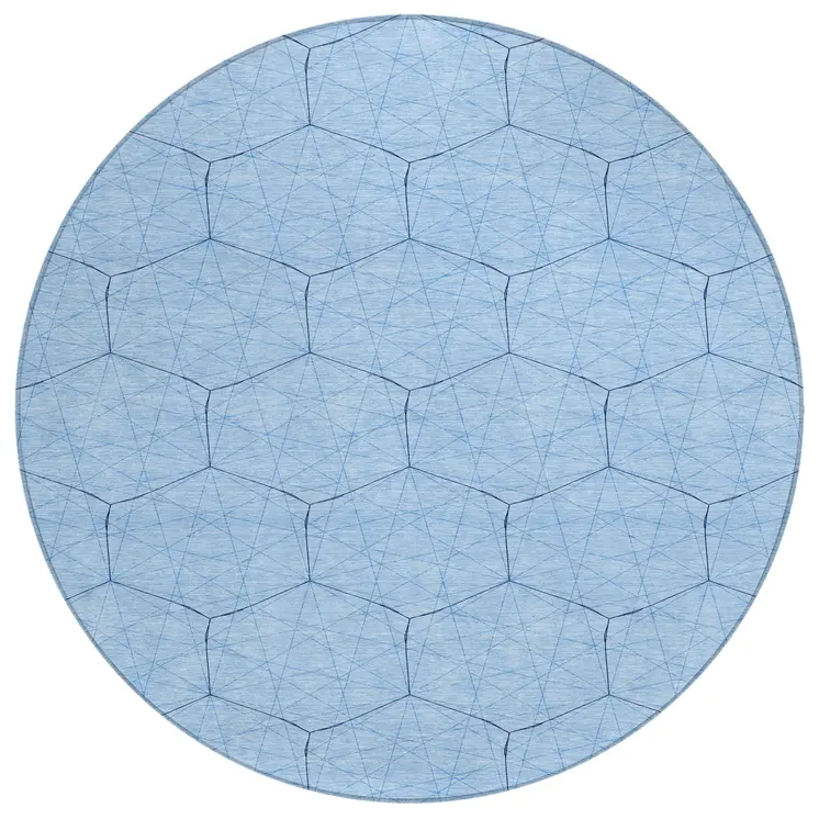 8' Sky Blue And Black Round Geometric Washable Indoor Outdoor Area Rug