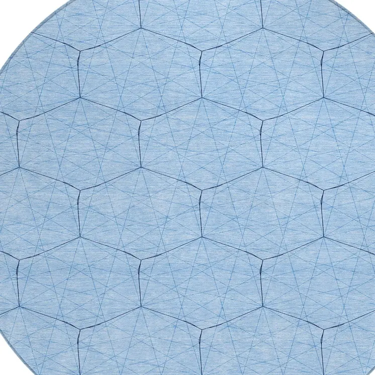 8' Sky Blue And Black Round Geometric Washable Indoor Outdoor Area Rug