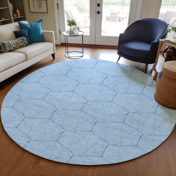 8' Sky Blue And Black Round Geometric Washable Indoor Outdoor Area Rug
